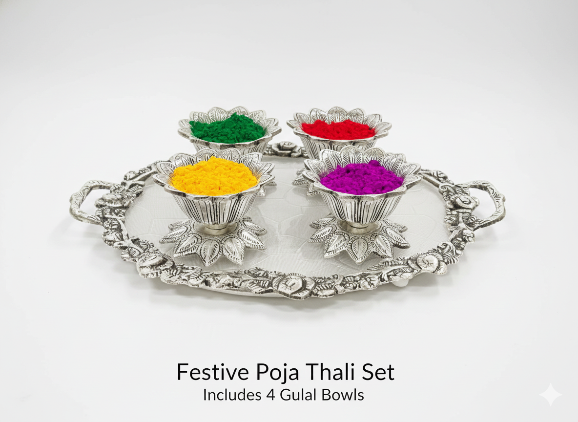 Exquisite Silver-Plated Lotus Pooja Thali Set – Includes 4 Floral Bowls