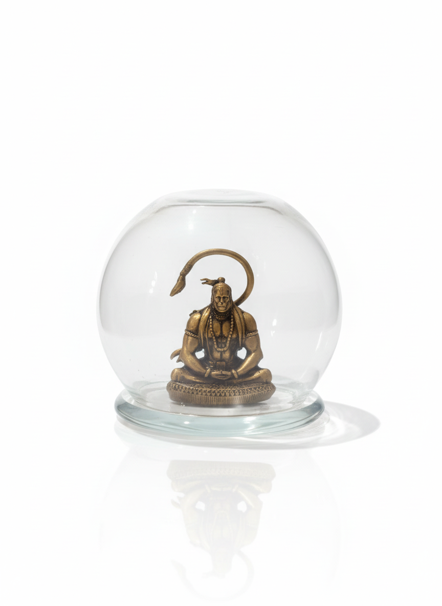 Antique Bronze-Finish Lord Hanuman Meditating Idol in Premium Glass Dome – Zen Spiritual Decor for Home, Office, and Car Dashboard
