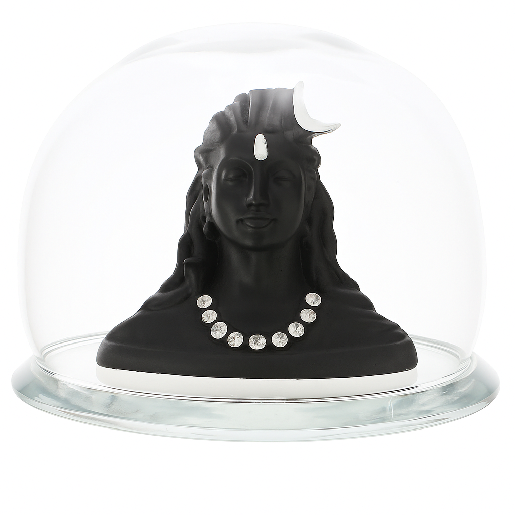 Finely sculpted Lord Shiva bust with crescent moon and decorative necklace Enclosed in a durable, polished glass dome for an elegant display Ideal for all home, office, spiritual environments, or car dashboard.