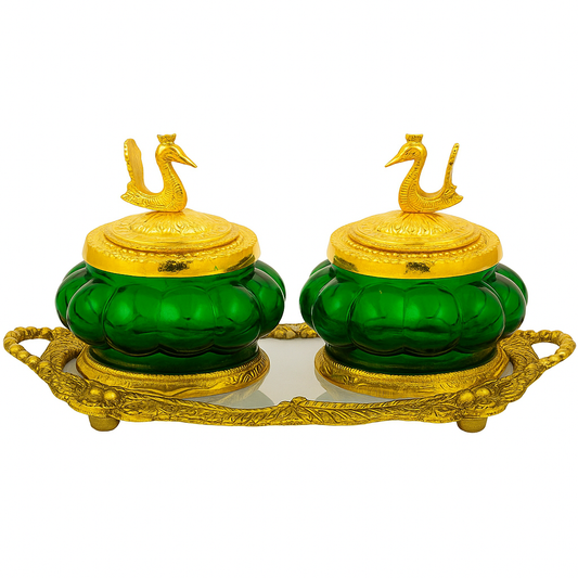 Royal Emerald Swan Candy & Dry Fruit Jar Set with Decorative Tray