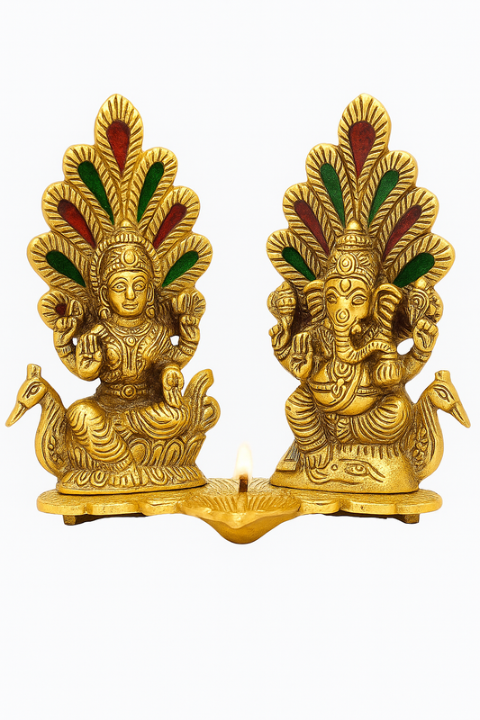 Handcrafted Brass Lakshmi Ganesha Diya on Peacock Stand