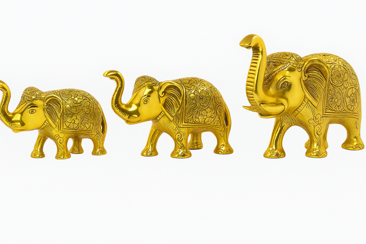 Set of 3 Intricately Carved Golden Brass Elephant Figurines - Trunk Up for Good Luck & Prosperity