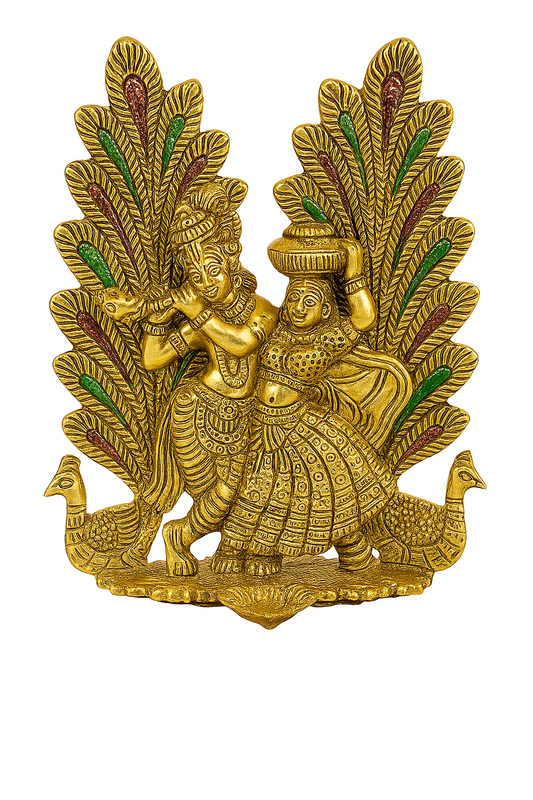 Intricately Carved Brass Radha Krishna Dancing Idol with Mor Pankh (Peacock Feather) Backdrop | Divine Home Mandir Decor