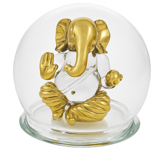 Handcrafted Lord Ganesh ji idol in gold and clear glass, Protective, transparent glass dome ensures durability and elegance, Perfect for home décor, gifting, religious spaces, or car dashboard, Symbolizes wisdom, prosperity, and good fortune.
