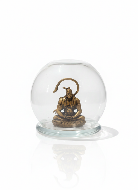 Antique Bronze-Finish Lord Hanuman Meditating Idol in Premium Glass Dome – Zen Spiritual Decor for Home, Office, and Car Dashboard
