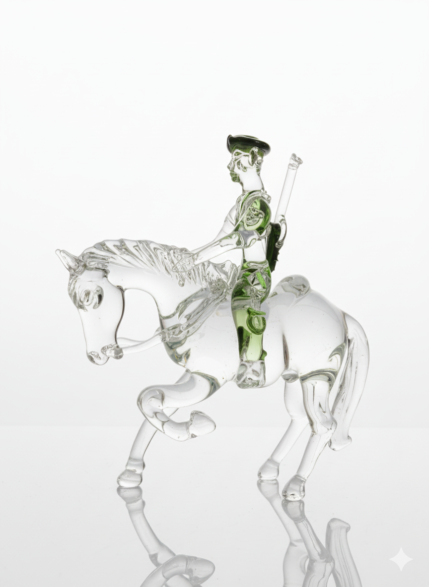Handcrafted Venetian-Style Clear and Green Glass Cavalier on Horse Figurine