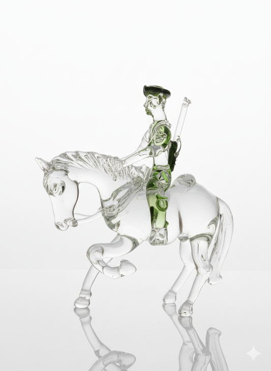 Handcrafted Venetian-Style Clear and Green Glass Cavalier on Horse Figurine