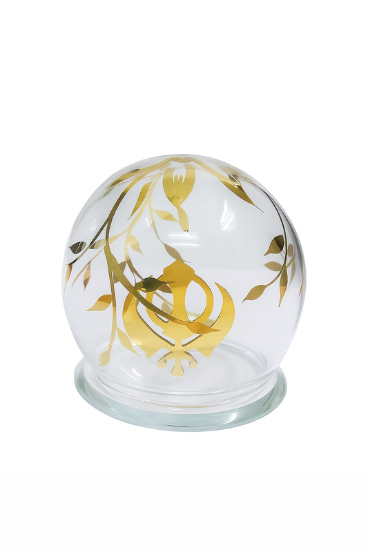 Sikh Khanda Tabletop Decor - Gold Foil Glass Cloche with Botanical Accents