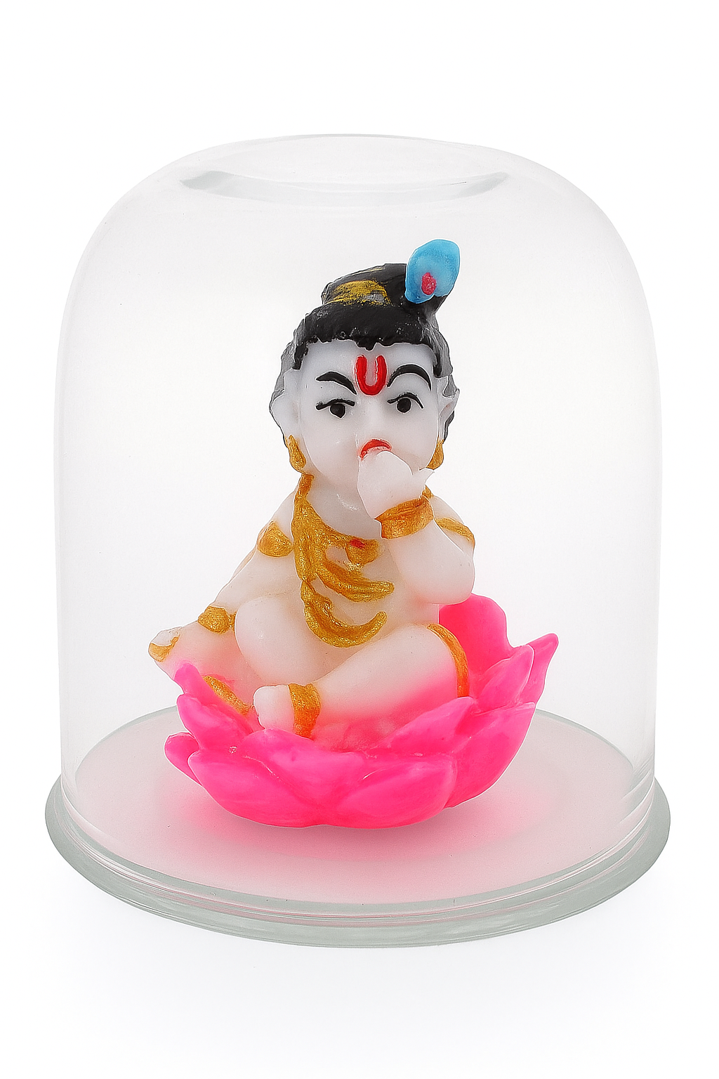 Baby Krishna Decorative Statue on Pink Lotus In Glass Dome