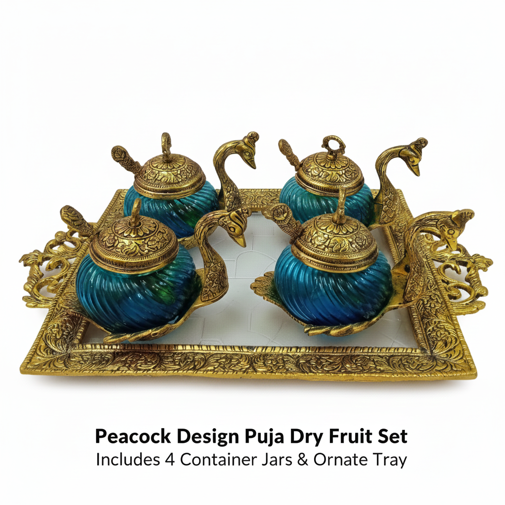 Royal Peacock Design Puja Dry Fruit Container Set with Ornate Tray (Set of 4)