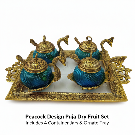 Royal Peacock Design Puja Dry Fruit Container Set with Ornate Tray (Set of 4)